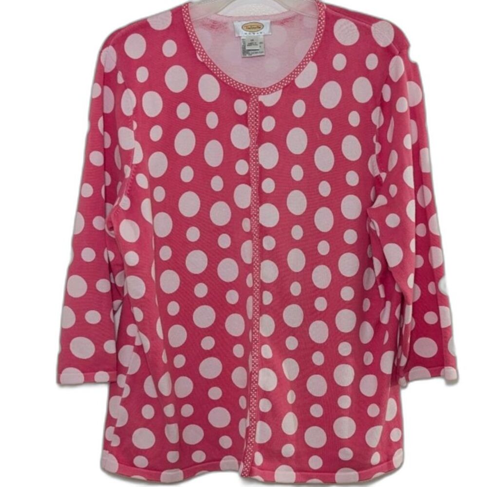 Talbots Pink Polka Dot Cardigan 1X Retro Coquette Teacher Snap Sweater